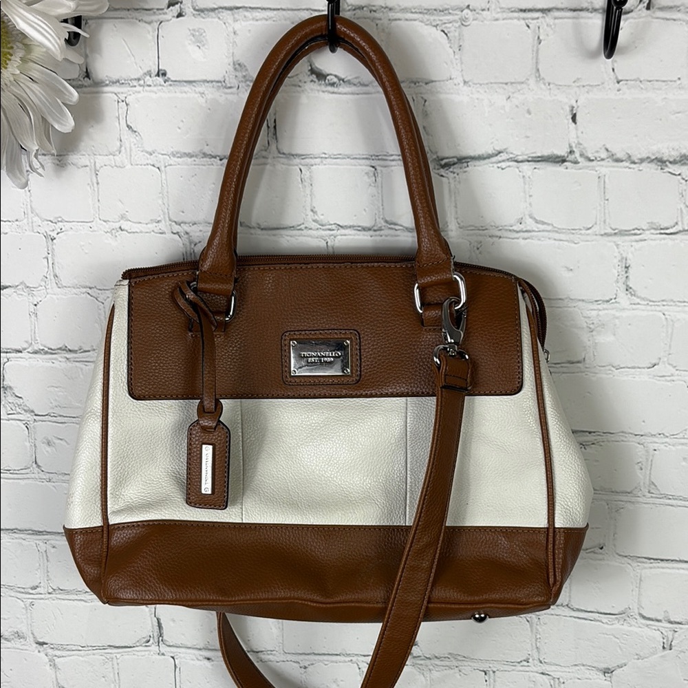 Tignanello Brown and Cream Multi Pocket Purse Multi Pocket Shoulder Bag